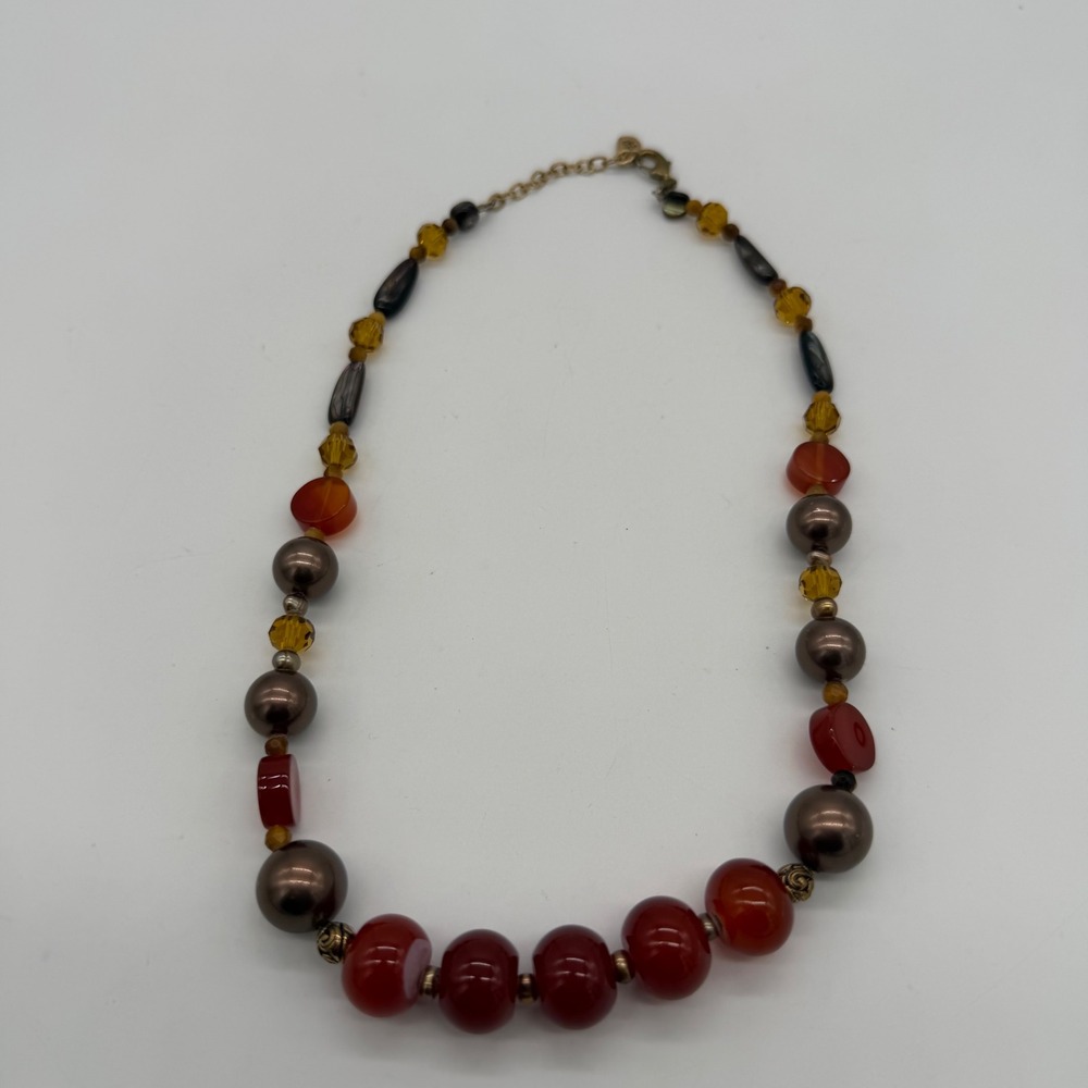 Vintage Barse Multi Color Beaded Statement Necklace Red Brown Gold